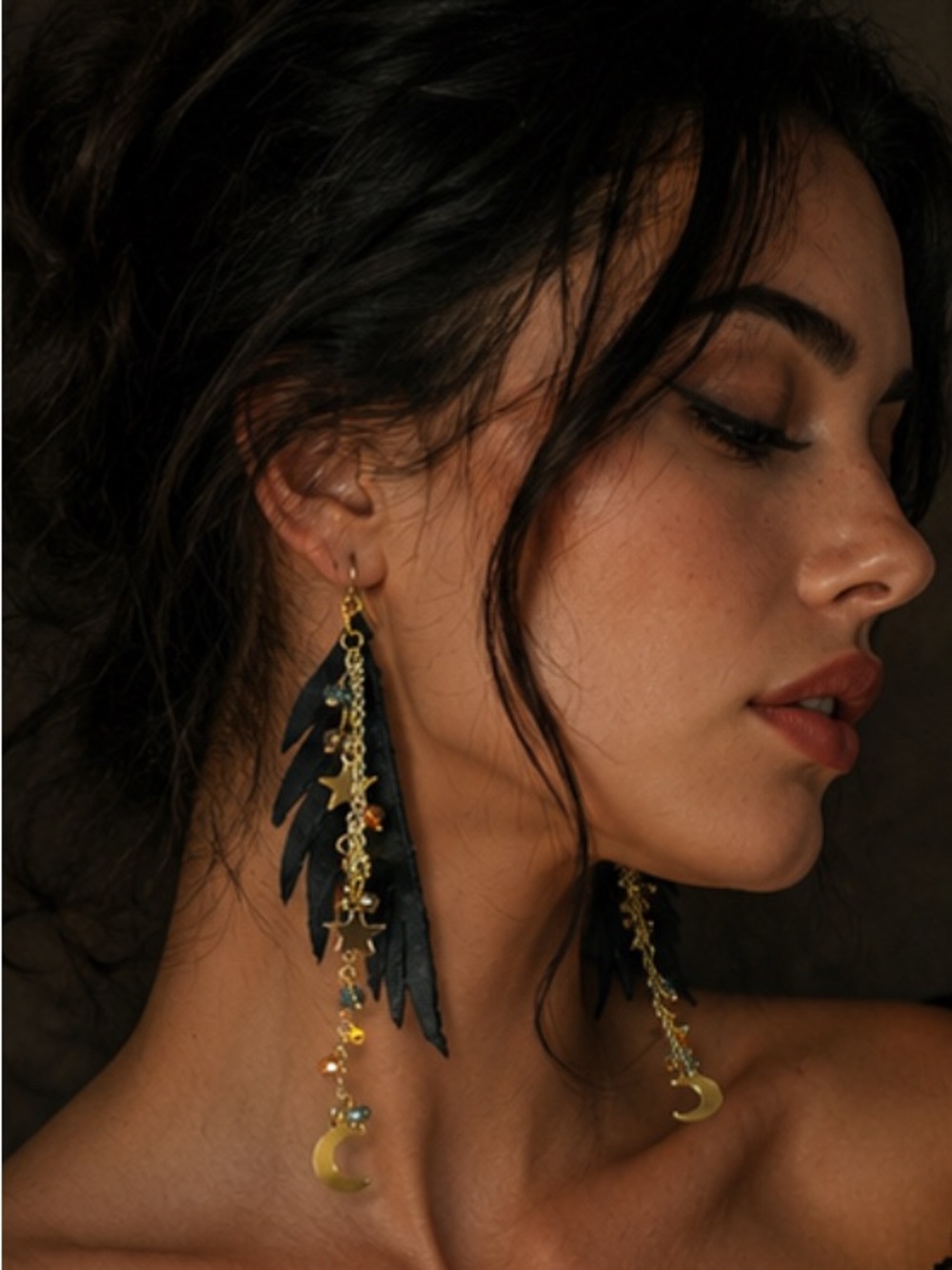 Black Leather Raven Wings & Gold Star Moon Drop Fringe Boho Earrings | Artisan - Picture 2 of 16